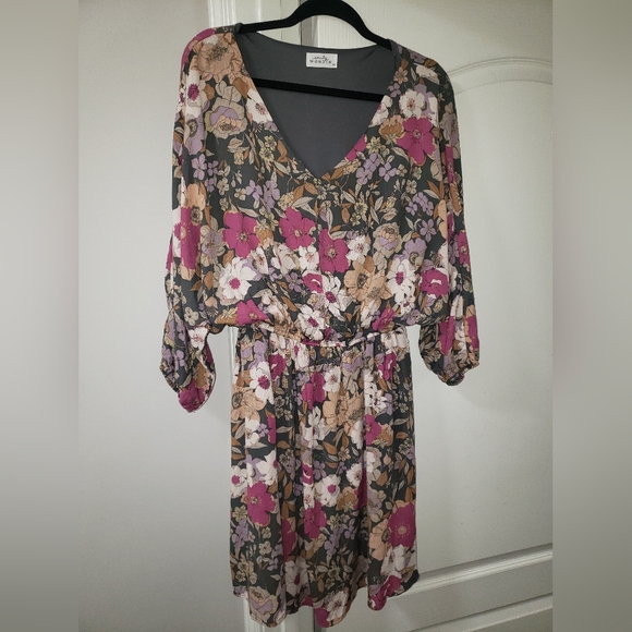 Emily Wonder (NWOT) Grey/Pink Floral Long Sleeve Dress Size 1X - Picture 3 of 9